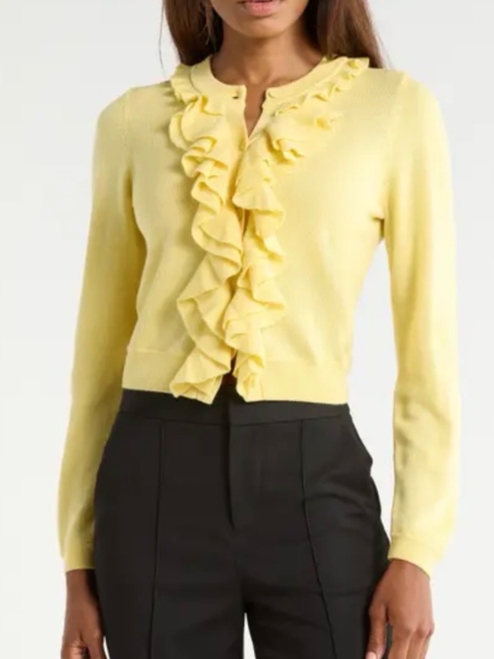 Alice + Olivia Pale Yellow Ruffle-Front Cardigan